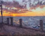 Zachód słońca nad morzem, namalowany w stylu impresjonistycznym. Idealne obrazy dla początkujących, by uchwycić piękno natury.