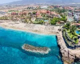 Widok z lotu ptaka na Costa Adeje plaże z turkusową wodą, piaszczystym brzegiem pełnym leżaków i palmami.