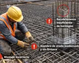 Obrero trabajando en la ferralla, mostrando errores de montaje, recubrimiento insuficiente de hormigón y alambre de atado inadecuado.