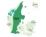 Karta över Danmark med områden som Jyllands östkust, Fyn och Själland. Perfekt för att planera din nästa vandra i Danmark.