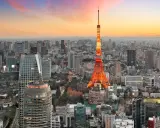 Widok na Tokio, największe miasto na świecie, z wieżą Tokyo Tower w pomarańczowych barwach o zachodzie słońca.