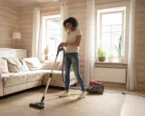 Frau saugt Teppichboden im Wohnzimmer. Erst saugen oder erst staubwischen? Sie hat sich fürs Saugen entschieden.