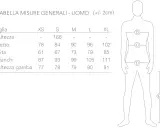 Tabella misure uomo: taglia small (S) con altezza 168 cm, petto 84 cm, vita 67 cm, fianchi 93 cm, altezza gamba 78 cm.