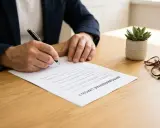 Mężczyzna w garniturze podpisuje dokument "Wypowiedzenie umowy o pracę przez pracodawcę". Obok leżą okulary i roślina.
