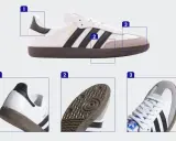 Białe buty Adidas Samba z czarnymi paskami i szarym zamszowym noskiem. Widoczna oryginalna metka Adidas na języku.