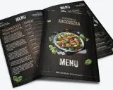 Eleganckie menu restauracji Kaczuszka z apetycznym zdjęciem kurczaka i sałatki. Projekt menu zawiera sekcje z burgerami i deserami.