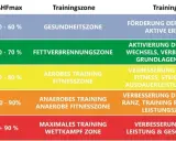 Tabelle zeigt Trainingszonen basierend auf %HFmax. Maximale Herzfrequenz über 90% für Wettkampfzone, verbessert Leistung & Geschwindigkeit.