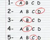 Liste mit nummerierten Fragen und Auswahlmöglichkeiten (A, B, C, D). Einige Antworten sind rot eingekreist, was die Bedeutung der Noten verdeutlicht.