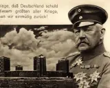 Ein deutscher General lehnt die Kriegsschuld des 1. Weltkriegs ab. Im Hintergrund eine Festung.