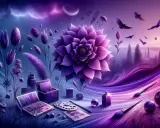 Artystyczna wizja, gdzie znaczenie koloru fioletowego ożywa w magicznym krajobrazie. Fioletowe kwiaty, ptaki i artystyczne przybory tworzą surrealistyczny sen.
