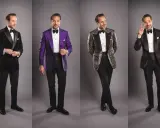 Four men in tuxedos. The first has a black velvet tuxedo with a satin lapel. The second wears a vibrant purple tuxedo. The third sports a patterned jacket with a black lapel. The fourth has a dark patterned tuxedo.