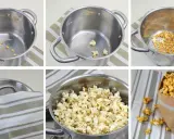 Schritt-für-Schritt-Anleitung, wie man Popcorn selber machen kann: Maiskörner in Öl erhitzen, bis sie aufplatzen. Fertiges Popcorn in einer Tüte.