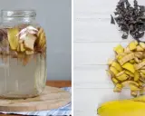 Słoik z wodą i kawałkami bananów, obok stosy skórek bananowych – składniki do przygotowania domowego nawozu z banana.