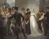 Eine Frau in weißem Kleid wird während der Schreckensherrschaft der Jakobiner abgeführt. Soldaten und eine aufgebrachte Menge sind zu sehen.