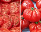 Plasterki soczystego pomidora marmande obok całych, karbowanych owoców. Idealne do sałatek i kanapek.