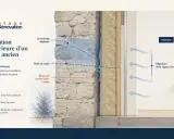 Schéma d'isolation intérieure d'un mur ancien montrant le risque de condensation cachée et la migration de la vapeur d'eau.
