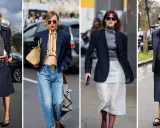 Quattro donne sfoggiano un elegante abbinamento giacca blu con gonne o jeans, dimostrando versatilità e stile.