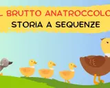 Il brutto anatroccolo: immagini per raccontare una storia. Un anatroccolo grigio corre verso una famiglia di anatre gialle.