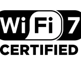 Logo Wi-Fi 7 blanc sur fond noir, annonçant la nouvelle norme wifi.