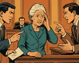 Una donna anziana, stressata, al centro di un processo. Due avvocati puntano il dito contro di lei, mentre il giudice osserva. La sua testimonianza è sotto pressione.