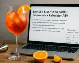 Kieliszek Aperola obok laptopa z kalkulatorem ABV. Dowiedz się, wódka ile ma procent i jak przygotować lekki drink.