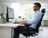 Un homme en chemise bleue travaille sur son ordinateur, assis confortablement. Il sait comment bien s'asseoir pour être productif.