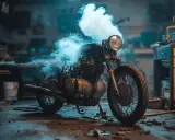 Une vieille moto dans un garage, fumée bleue s'échappant du **moteur 2 temps qui s'étouffe à l'accélération**.