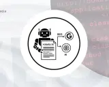 Grafika przedstawia robota trzymającego plik robots.txt, który wpływa na SEO i AI, symbolizowane przez logo Google i mózg.