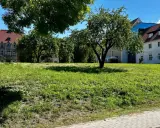 Zielona polana przed zabytkowymi budynkami, idealne miejsce na relaks i odkrywanie sztynort atrakcje.