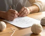 Ręce rysują skomplikowane crochet charts. Na stole leżą kłębki włóczki i gotowy fragment robótki.