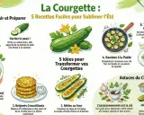 Infographie sur la courgette : 5 recettes faciles pour sublimer l'été, incluant zoodles, beignets, rôties, sautées et tiges bouillies. Idées pour les grosses courgettes.