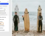 Interfaccia di Photoshop con strumento Fluidifica selezionato, pronto per ritoccare surfisti sulla spiaggia.