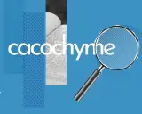 Une loupe examine le mot "cacochyme", un terme rare pour désigner une personne de mauvaise humeur. Le fond bleu et les motifs graphiques ajoutent une touche moderne.