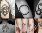 Tatouages de serpents entrelacés, symboles du temps et de l'éternité. Un Ouroboros, un dragon, et des motifs complexes ornent des bras, un dos et des poignets.