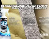 Butelka odplamiacza Global 3w1 na tle próbek tapicerki, dywanu i skóry.