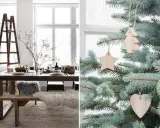 Vänster: rustik matplats med julstämning, höger: julgranspynt i trä. Jul inredning inspiration.