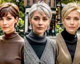 Tres mujeres con un moderno corte bixie, cada una con un estilo y color de cabello diferente, posan juntas al aire libre.