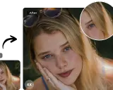 Comparación "antes y después" de un rostro femenino. La imagen "después" muestra un detalle ampliado con photoshop super resolution, revelando mayor nitidez.