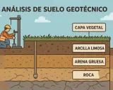 Un trabajador realiza un estudio geotecnico para entender las capas del suelo: capa vegetal, arcilla limosa, arena gruesa y roca.