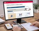 Na ekranie komputera widoczna jest strona Krajowego Systemu e-Faktur (KSeF), platformy do obsługi faktur. Obok leży smartfon z ikoną "E-FAKTURA", kalkulator i dokument "FAKTURA".