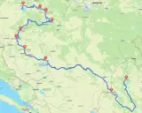 Trasa podróżnicza przez Bośnię i Hercegowinę oraz Czarnogóra na mapie, z zaznaczonymi punktami widokowymi i atrakcjami.