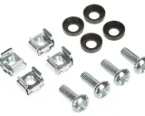 Rack-Schrauben-Set mit vier Käfigmuttern, vier Unterlegscheiben und vier Schrauben. Ideal für die Montage von Geräten, die Kunststoffschrauben M6 benötigen.