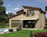 Eleganti case moderne esterni a due piani con piscina e giardino curato.