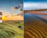Latarnia morska na wydmach i falochrony na piaszczystej plaży – malownicze morze w Niemczech o zachodzie słońca.