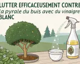 Lutter efficacemente contre la pyrale du buis avec du vinaigre blanc. Un buis sain, un pulvérisateur et un bol sont représentés.