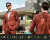 A man models a rust-colored suit, perfect for cocktail attire. The image showcases the suit from the front and back, highlighting its stylish design.