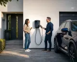 Ein Paar spricht vor einer Wallbox, die an der Hauswand montiert ist. Sie überlegen, welche Wallbox Kosten für sie am besten sind.