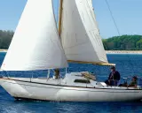 Un voilier blanc navigue sur une mer bleue, ses voiles gonflées par le vent. L'écume de mer danse autour de la coque. Deux personnes et un chien profitent de la balade.
