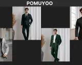 Men in stylish suits. A man in a grey suit, a man in a green plaid suit, a man in a cropped green suit, and a man in a black double-breasted suit.