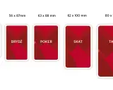 Różne rozmiary kart do gry: Pasjans (42x63mm), Brydż (56x87mm), Poker (63x88mm), Skat (62x100mm), Tarot (80x120mm).
